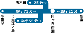 「向ヶ丘遊園駅」までは、小田急線で新宿から急行で21分、小田原から急行で71分、唐木田駅から25分、片瀬江ノ島駅から急行で55分です。