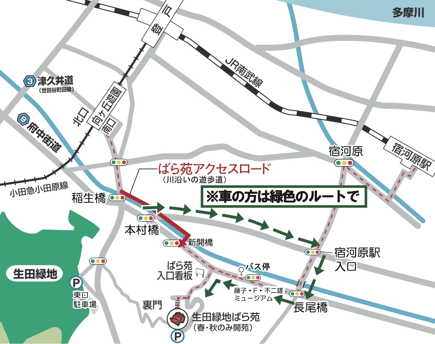 生田緑地ばら苑へのアクセスアップ。向ヶ丘遊園駅南口、宿河原駅、梶が谷駅、登戸駅からのルートについて、このあと説明があります。